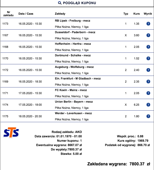 liga alternatywna wyniki kupon sts