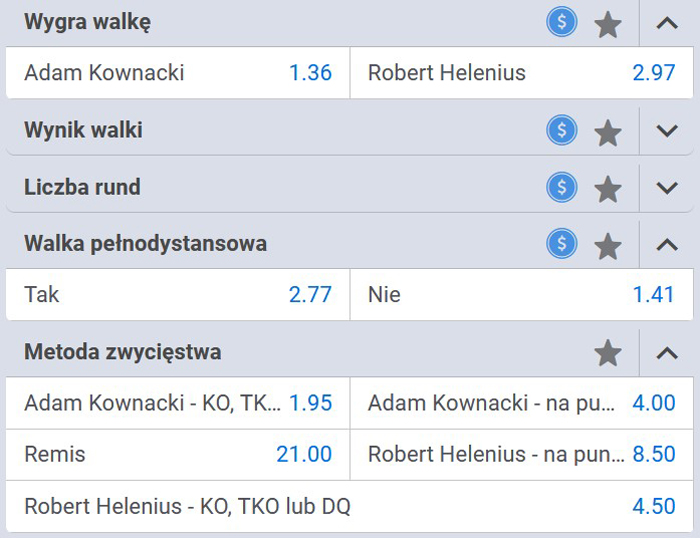 Betcris obstawianie boksu Typy na walkę Kownacki Helenius