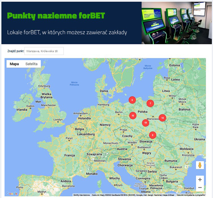 Punkty stacjonarne forBET mapa Lokale naziemne forBET wyszukiwarka