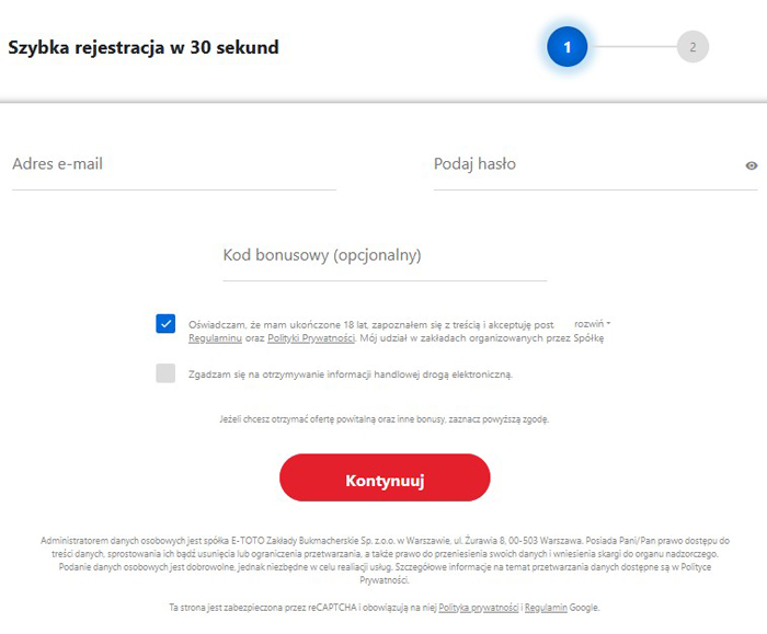 ETOTO formularz rejestracyjny nowego klienta ETOTO otwieranie nowego konta