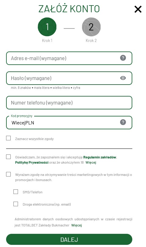 TOTALbet formularz rejestracyjny nowego konta TOTALbet chcę założyć konto u bukmachera