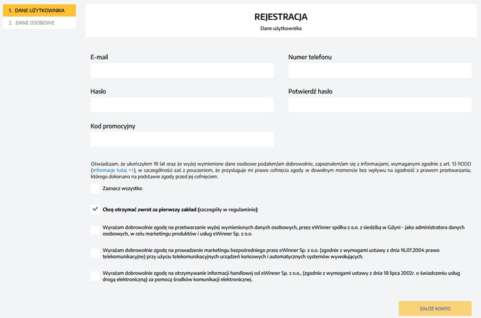 Formularz rejestracyjny bukmachera eWinner Otwieranie nowego konta eWinner