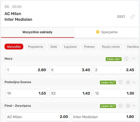 AC Milan - Inter Mediolan kursy bukmachera Superbet