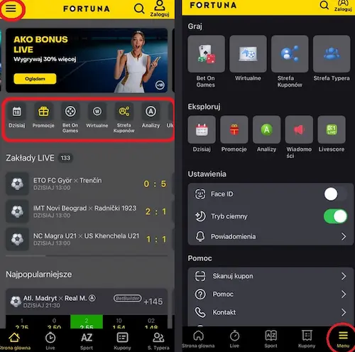 Aplikacja Fortuna Menu