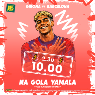 Grafika promocji: 176 PLN w gotówce od Betfan za gola Lamine Yamala