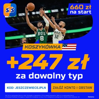 Grafika promocji: 247 PLN na start dla nowych graczy. Bonus od STS na mecze NBA