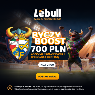 Grafika promocji: ByczyBoost od Lebull za gola Realu. Aż 700 PLN może być Twoje!